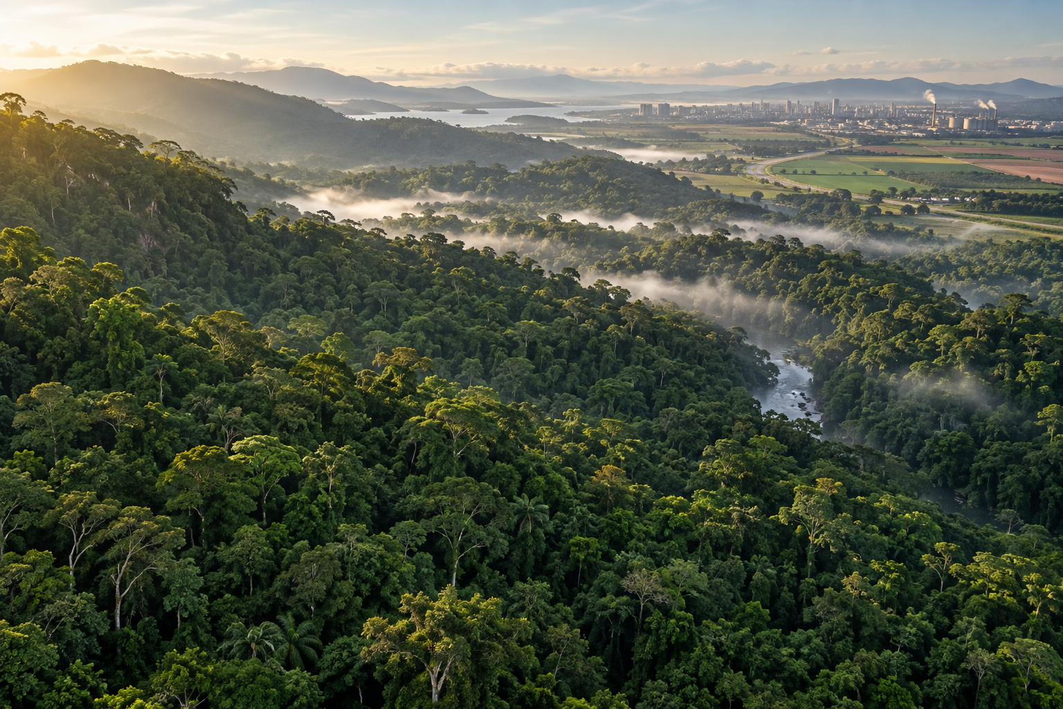 Paisagem de floresta e atividade econômica — ilustração gerada por IA
