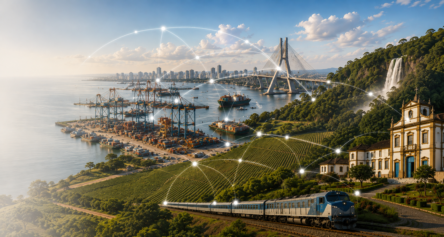 Paisagem urbana conectada por pontos de colaboração — ilustração gerada por IA