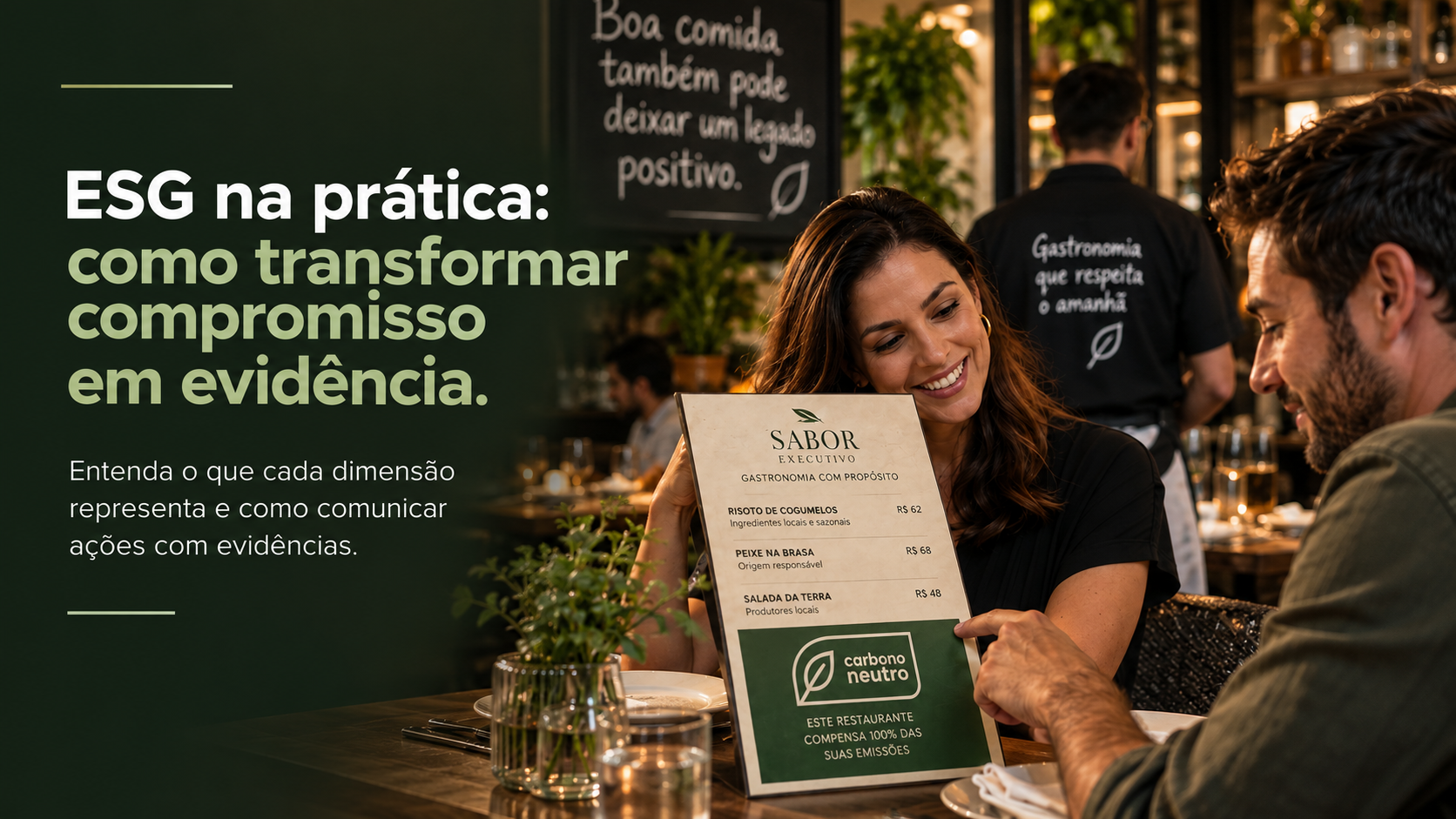 Cena ilustrativa de clientes consultando um cardápio com comunicação sobre carbono neutro — ilustração gerada por IA