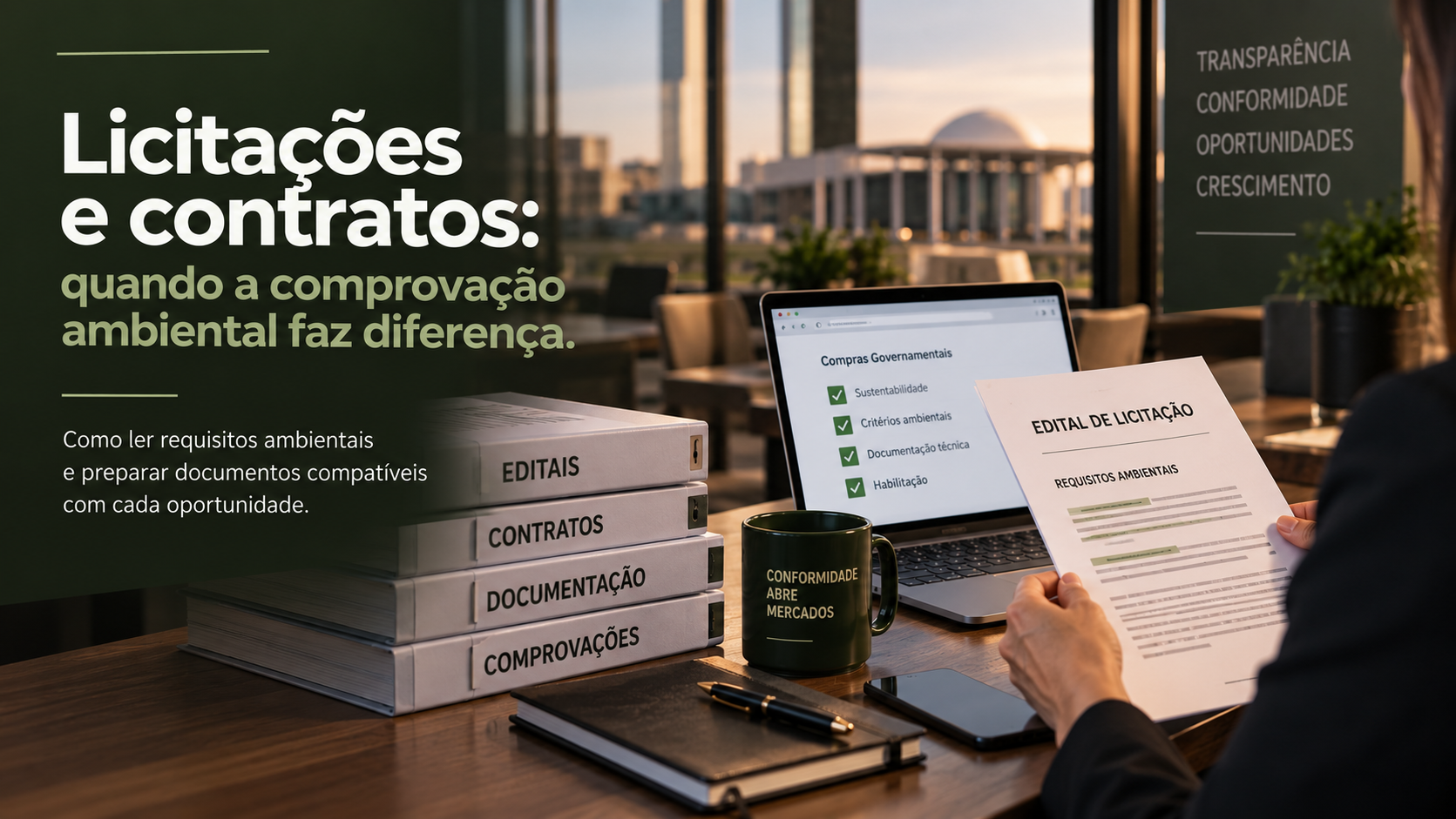 Licitações e contratos: requisitos ambientais, editais e documentos de comprovação — ilustração gerada por IA
